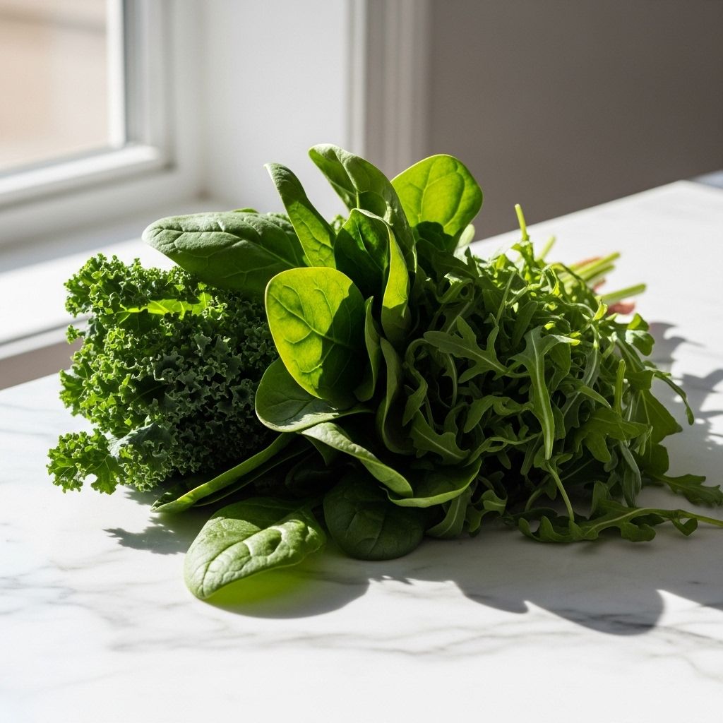 Bunt med färsk spenat, grönkål och ruccola på en marmorbänk i naturligt dagsljus — gröna bladgrönsaker rika på järn, folat och K-vitamin