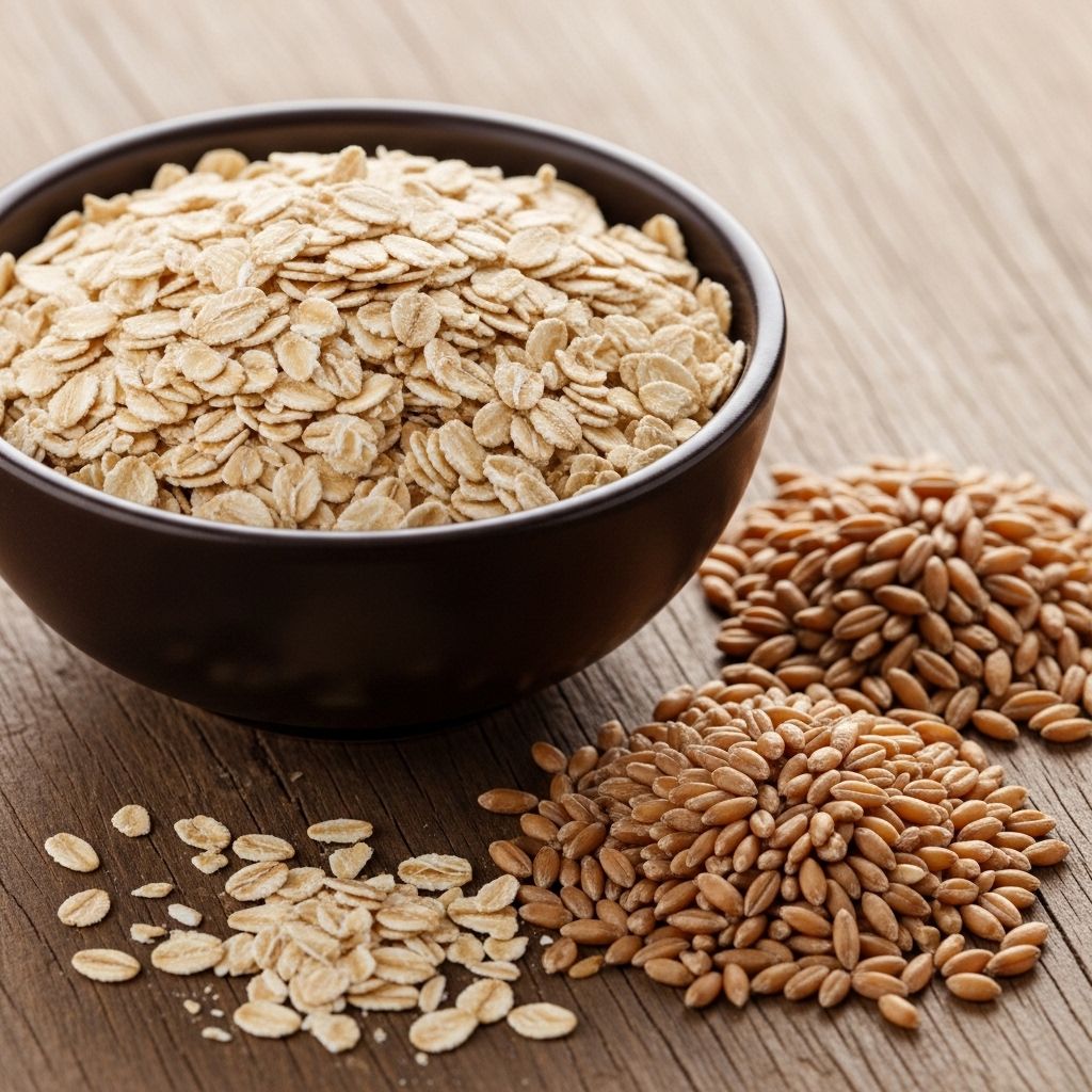 Närbild på en skål med rå havre, bredvid hela rågsärv och spelt på en träyta — fullkornskällor som representerar komplexa kolhydrater och kostfiber