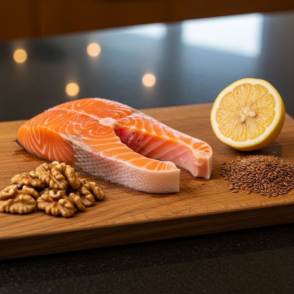 Skivad laxfilé på ett skärbräda med valnötter, linfrön och en citronhalva bredvid — omega-3-rika livsmedel i en stilren kökskomposition