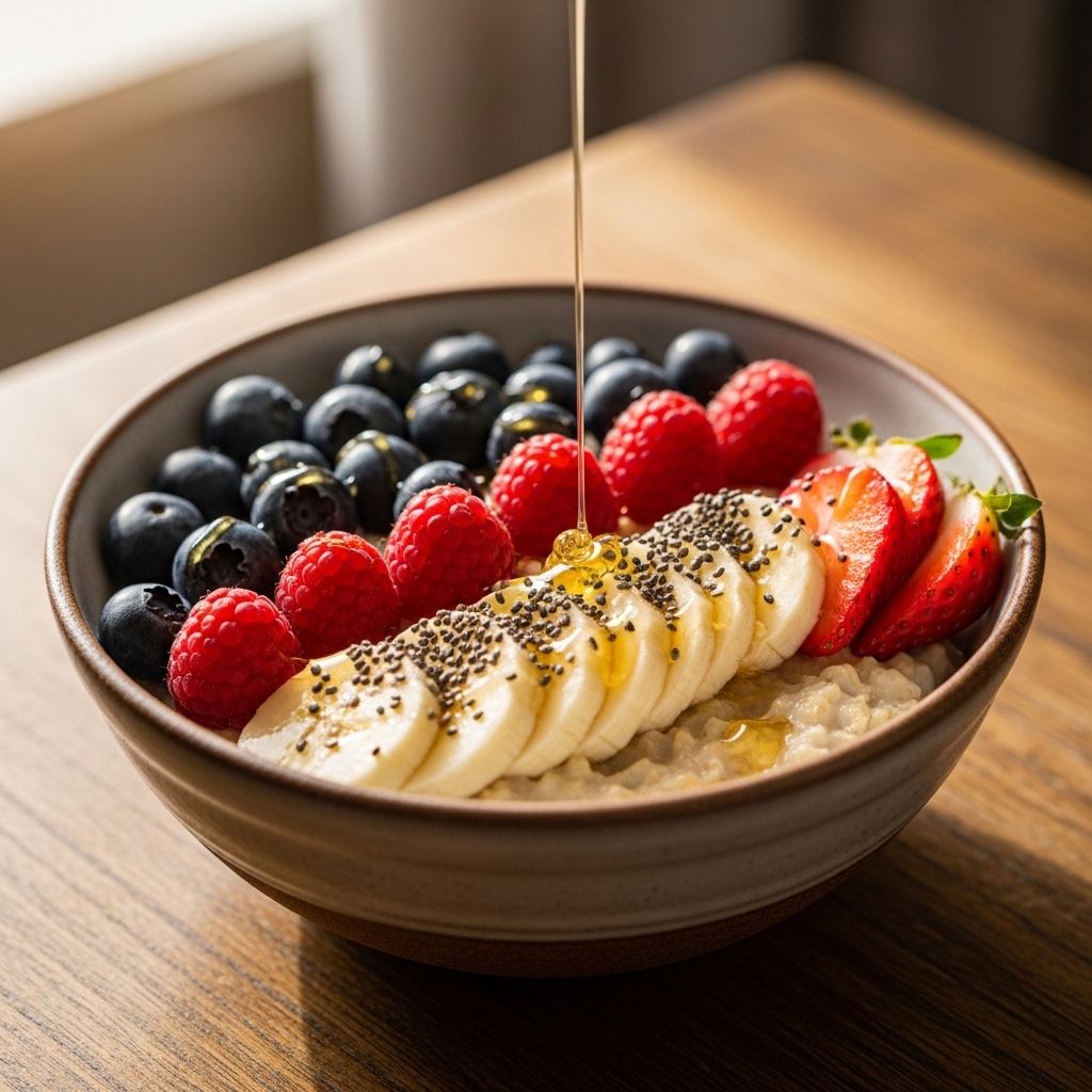 Skål med havregröt toppad med färska bär, bananskivor, chiafrön och ett drizzle av honung serverad på ett träbord i morgonljus