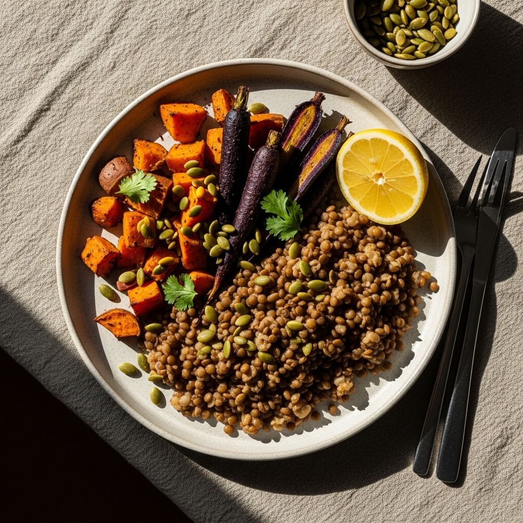 Välkomponerad tallrik med färgglada grönsaker, linser, rostade pumpafrön och citron serverad på en linneduk i varmt naturligt ljus — illustrerar balanserad måltidskomposition