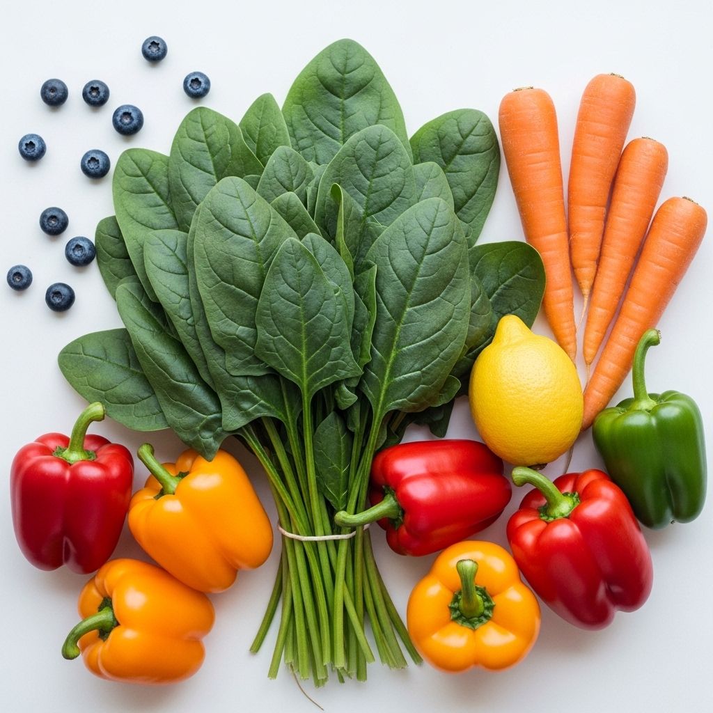 Toppvy av en färgstark samling av hela grönsaker och frukter — spenat, morötter, citron, blåbär och paprika — på en vit yta, symboliserande mikronäringsdensitet