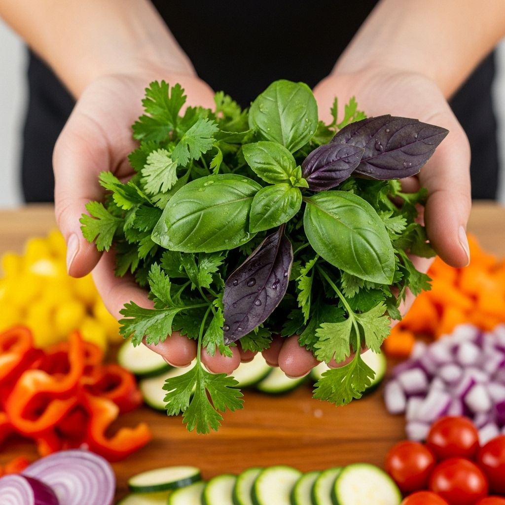 Närbild på händer som håller upp ett knippe färska örter ovanför en skärbräda med grönsaker — illustrerar nyttan av hela, naturliga livsmedel